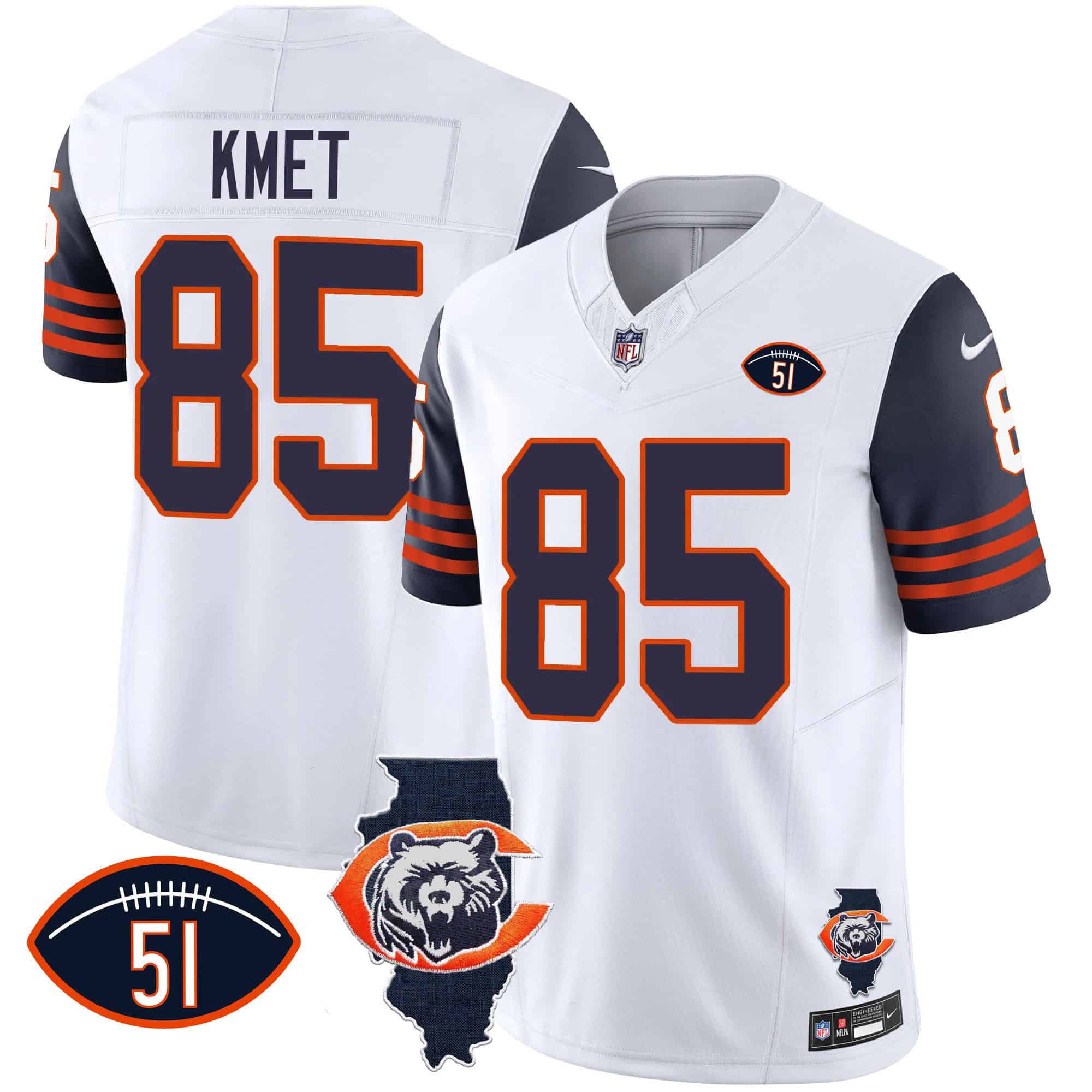 Men Chicago Bears #85 Kmet White 2024 Nike Throwback Illinois Patch Vapor NFL Jersey style 1